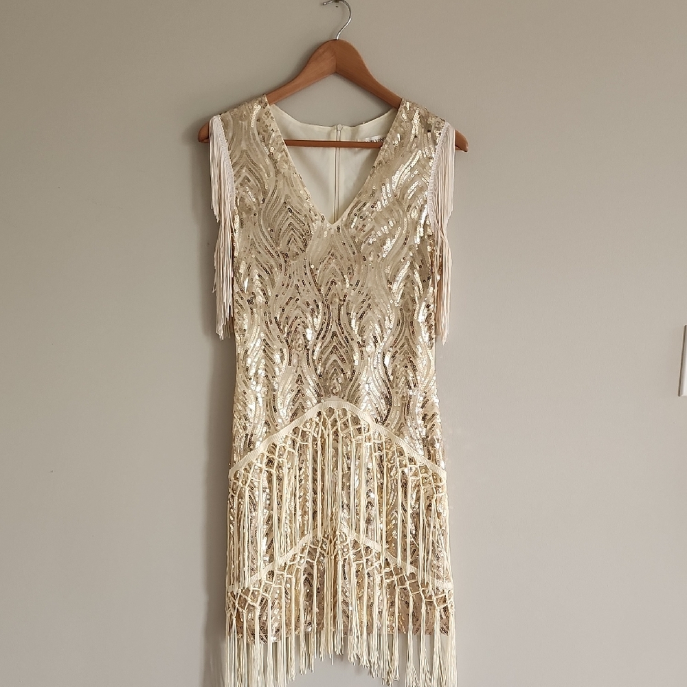 Babeyond Cream And Gold Fringe Dress